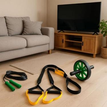 Imagem de Kit Treino Funcional Completo com Suspensão, Roda Abdominal Dupla e Corda de Pular(Verde)