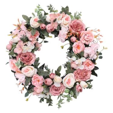 Imagem de oshhni Guirlanda artificial de 45 cm de diâmetro com peônias e rosas para porta de entrada, festa, decoração de parede externa, guirlanda para janela e, Rosa