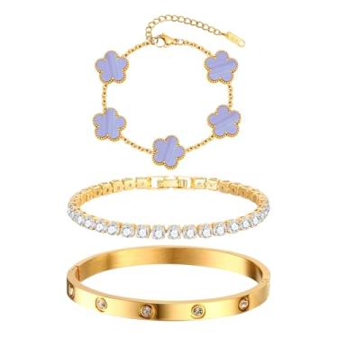 Imagem de Pulseiras femininas empilháveis de ouro floral – 3 peças, pulseira banhada a ouro 18 K, pulseiras de aço inoxidável que não mancham, conjunto de pulseiras de ouro, joias modernas, presentes de