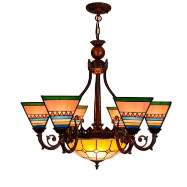 Imagem de Lustre Tiffany de 6 lâmpadas e 15 cm, luminária de teto em vitral em formato de pirâmide, estilo vintage, para decoração de sala de jantar, sala de estar, quarto, corredor ou hall de entrada
