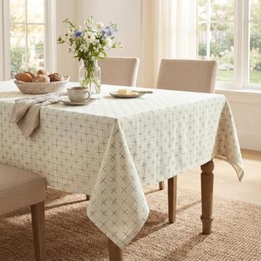 Imagem de Horaldaily Toalha de mesa branca quadrada, toalha de mesa bordada sólida texturizada, sem rugas, lavável 152 cm x 152 cm, capa de mesa para cozinha, festa, casamento, piquenique, ao ar livre