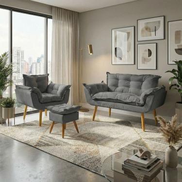 Imagem de Kit Namoradeira Poltrona e Puff Decorativo Para Sala Recepção Manicure Consultório Alice Tecido Suede