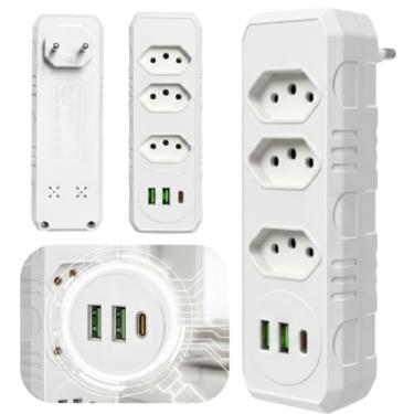 Imagem de Extensão Elétrica sem Fio com 3 Tomadas 2 Portas USB e 1 Entrada USB Tipo-C 110-220V Bivolt Régua de Energia Potência 2500W Design Compacto PREMIUM