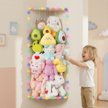 Imagem de Armazenamento de animais de pelúcia com luz decorativa estrelada, suporte de brinquedos de pelúcia de canto de madeira com padrão de estrela, 112-180 cm de altura ajustável, prateleira organizadora de