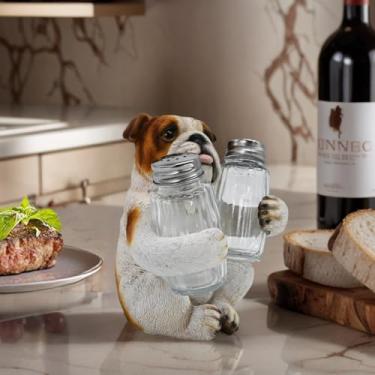 Imagem de Juliahestia Acessórios de cozinha para cães, saleiro e pimenteiro, suporte para decoração de mesa de jantar, buldogue inglês, decoração de casa de fazenda, enfeite de animal de piquenique engraçado