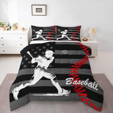 Imagem de Feelyou Jogo de cama casal de jogador de beisebol, bandeira americana, para crianças, meninos, meninas, jogos, esportes, edredom para decoração de quarto de microfibra, 3 peças com 2 fronhas