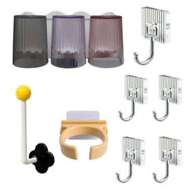Imagem de Conjunto de 8 acessórios de banheiro com organizador de scrunchie, suporte de secador de cabelo, 3 compartimentos, suportes de escova de dentes e ganchos de toalha de mão autoadesivos para chuveiro