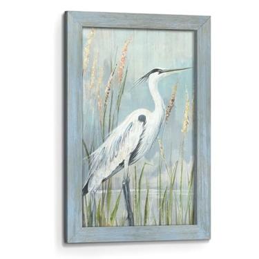 Imagem de Arte de parede emoldurada de pássaros marinhos costeiros: Garça na praia cena de algas marinhas pintura de madeira impressões de paisagem do oceano decoração de arte para sala de estar quarto banheiro