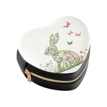 Imagem de Burbuja Caixa de joias em forma de coração de coelhinho da Páscoa, mini estojo de viagem para mulheres e meninas, estojo portátil organizador de armazenamento para brincos, anéis, colares e pulseiras