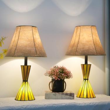 Imagem de Conjunto de 2 candeeiros de mesa de vidro com luzes noturnas de vitral, lâmpadas de cabeceira reguláveis de 30 vias com sombra de pele de carneiro imitação de 30 cm, lâmpadas modernas de mesa de