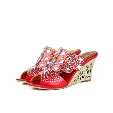 Imagem de Sandálias femininas de strass de cristal, sem cadarço, em formato de losango, vestido de festa, sapatos de formatura, Vermelho, 39