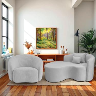 Imagem de Kit Recamier Curvo Sala De Estar Inglaterra 150cm Lado Esquerdo E Poltrona Orgânica Luxo Amore Linho Cinza Claro