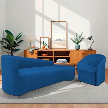 Imagem de Kit Sofá Curvo França 220cm Ld. E Poltrona Luiza Max Conforto, Elegância E Design Moderno Linho Azul Royal
