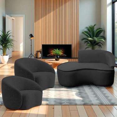Imagem de Kit Divã Recamier Orgânico Marrocos 150cm Lado Esquerdo E 2 Poltronas Amore Linho Preto