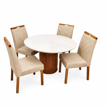 Imagem de Mesa de Jantar Dara 110cm Redonda com Vidro e 4 Cadeiras California em Veludo Estofadas Lj Móveis Cor Cinamomo Off White com Tecido Bege