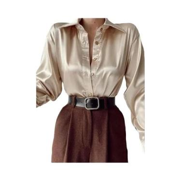 Imagem de Camisa Feminina Vintage Com Gola Polo Para Escritório, Solta, Com Botõ