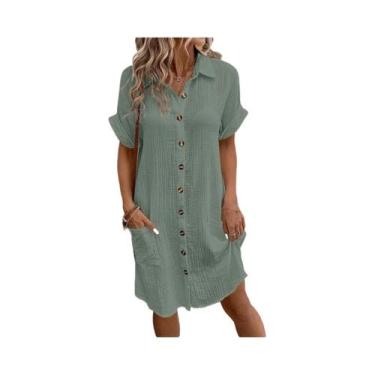 Imagem de Vestido Camisa De Verão Feminino Com Manga Curta, Elegante, Solto, Cas
