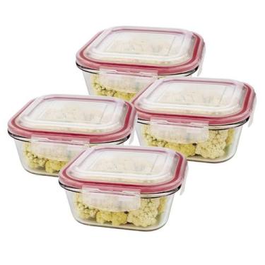Imagem de Kit 4 Potes De Vidro Hermético Quadrado Tampa Lock Marmita Mantimento 