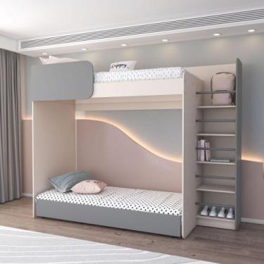 Imagem de Cama alta infantil juvenil com escada e cama auxiliar Helena Mobikasa,