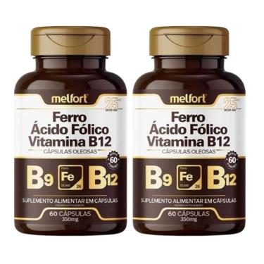 Imagem de Kit 2x Ferro Ácido Fólico Vitamina B12 60 Capsulas 350mg Melfort-Unissex