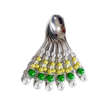 Imagem de Conjunto 6 colheres de Café Inox Cabo Bordado Perolas Verde e Amarelo 