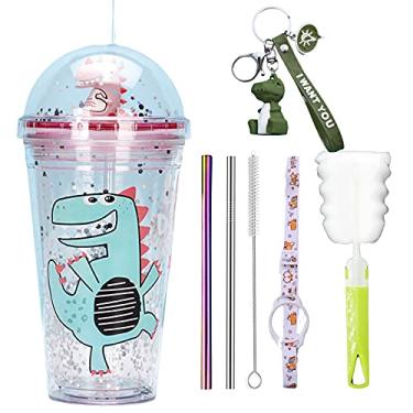 Imagem de seelucky Caneca de viagem de dinossauro com canudo azul copo de bebida com alça copo de festa rosa copo de gelo para piquenique festa aniversário (dança dinossauro rosa, 430 ml)