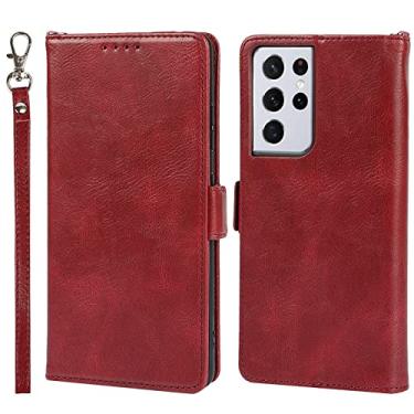 Imagem de Capa carteira para Samsung Galaxy S21/S21 Plus/S21 Ultra, bloqueio de RFID, capa de couro de poliuretano com alça de pulso e compartimentos para cartões, capa protetora flip magnética, vermelha, S21 de 6,2 polegadas