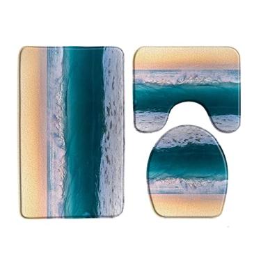 Imagem de Tapete de banho de água do mar oceano azul tapete de banheiro conjunto de 3 peças fundo do mar animal peixe flanela antiderrapante almofada em forma de u conjuntos de decoração de banho de banheiro, 33658J,450MMx750MM