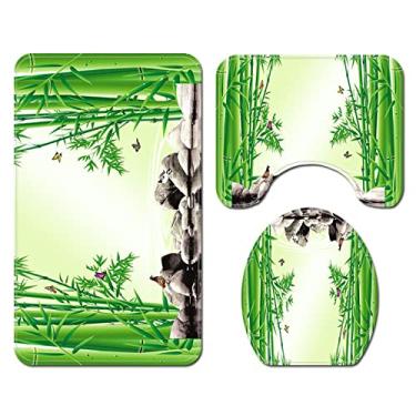 Imagem de Conjunto de tapete de banho e cortina de chuveiro com estampa de bambu Tapetes de banheiro antiderrapantes Tapete de banheiro absorvente almofada de assento de vaso sanitário, cortina de chuveiro, 681