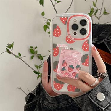 Imagem de Estojo de suporte de telefone de bebida de morango bonito para iphone 11 12 13 pro max x xr xs max capa macia transparente areia movediça suporte de pérola shell, ds332,1, para, iphone12