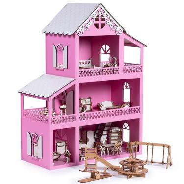 Casinha De Boneca Polly Mdf Pintada Adesivada 43 Móveis cru