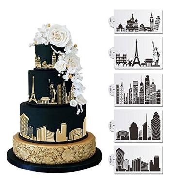 Imagem de AK ART KITCHENWARE 5 pçs/conjunto 21,67 cm monumentos edifício plástico estêncil modelo para decoração de bolo fondant suprimentos decoração estêncil molde branco ST-865