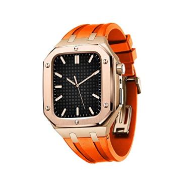 Imagem de KANUZ Pulseira de relógio de silicone capa de metal para Apple Watch Band Series 8, 45mm 44mm Kit de modificação Acessórios Pulseiras para IWatch SE/4/5/6/7 Series com ferramentas (Cor: Rosa Laranja, Tamanho: 45MM para 8