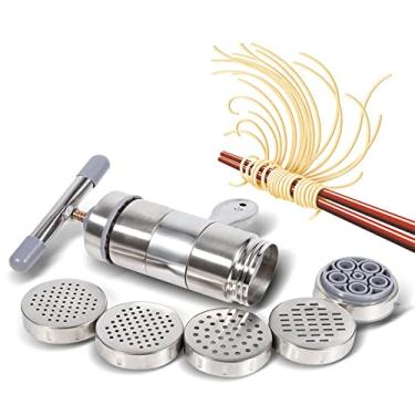 Imagem de Máquina de fazer macarrão manual yemirth, máquina de fazer macarrão manual portátil de aço inoxidável noddle espremedor de pressão com 5 modelos de ferramenta de cozinha