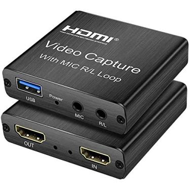 Imagem de Placa de captura de vídeo 1080P @ 60Hz com entrada de microfone de 3,5 mm e saída de áudio para gravação de jogos Windows / Linux / Mac PS4 Suporte para captura HDMI streaming streaming de conferência ao vivo