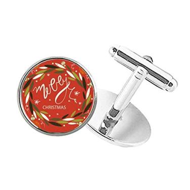 Imagem de DIYthinker Abotoaduras com clipe de punho redondo com ilustração de folha de guirlanda colorida de Natal