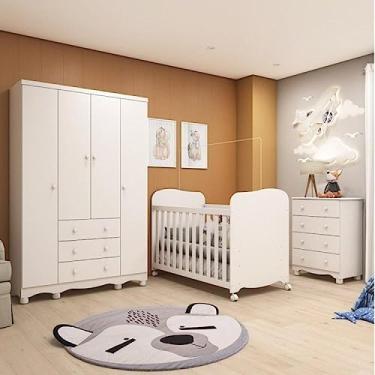Imagem de Quarto de Bebê Completo 1 Berço Americano Uli 1 Guarda Roupa Júnior 1 Cômoda Júnior Móveis Peroba Branco Brilho