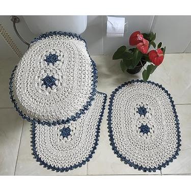 Imagem de Tapete para Banheiro em Crochê Flor Bordada 3 Peças (Azul BeBê com Azul Marinho)