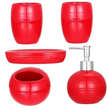 Imagem de Luxshiny 5 Unidades Jogo De Banheiro Cinco Peças Frasco De Bomba De Loção Garrafa De Bomba De Líquido Para Escovar Os Cerâmica Porcelana De Ossos Vermelho