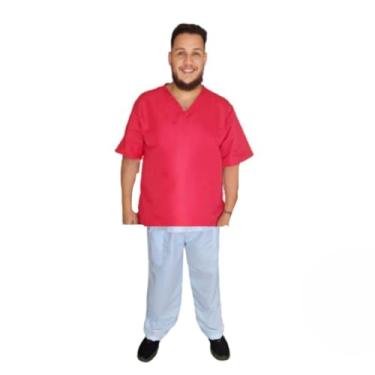 Imagem de roupa de umbanda candomblé Ração masculina 2 peças bata e calça oxford (vermelho e branco, m)