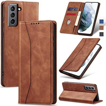 Imagem de Jasonyu Flip Carteira Capa para Samsung S21,Capinha Folio Magnética de Couro com Suporte para Cartão,Suporte para Chute - Protetora Durável de TPU à Prova de Choque para Telefone,Marrom