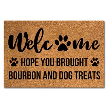 Imagem de Capacho engraçado de coco Hope You Brought Bourbon e petiscos para cães Tapete de porta da frente Tapete de entrada ao ar livre com decoração de varanda resistente, tapetes de boas-vindas para