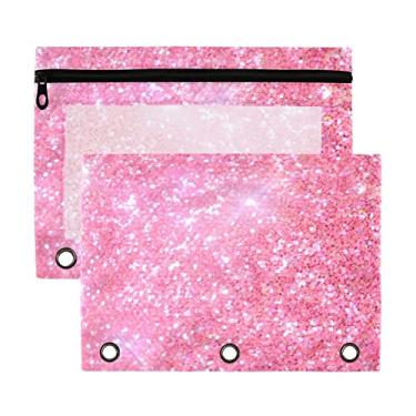 Imagem de Estojo de lápis rosa com glitter para fichário de 3 anéis, bolsa transparente com zíper liso, estojo de lápis vermelho brilhante para organização, materiais de escritório, cosméticos, pacote com 2