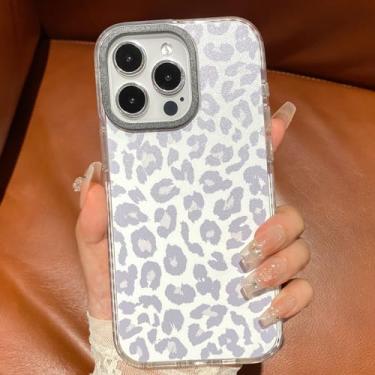Imagem de Burmcey Capa para iPhone 15 Pro Max branco leopardo cinza claro, linda capa branca com estampa de guepardo para meninas mulheres TPU bumper com parte traseira rígida antiderrapante e anti-arranhões