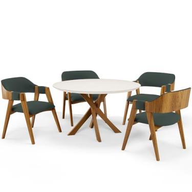 Imagem de Mesa De Jantar Redonda Cora 120cm Off White M04 com 04 Cadeiras Living Suran Suede Verde Musgo - Lyam