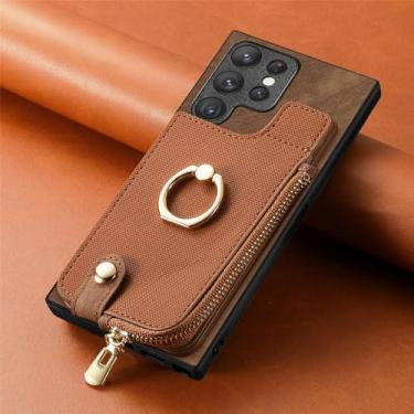 Imagem de Capa de couro com suporte de anel de carteira para cartões com zíper para Samsung Galaxy A54 A34 A14 A53 A12 A23 5G S23 Ultra S22 S21 Plus capa de bolsa, marrom, para Galaxy A34 5G