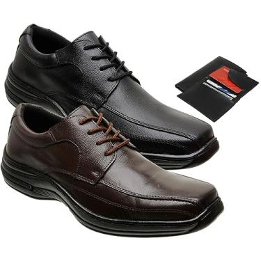Imagem de Kit 2 Sapatos Social Ortopédico Cadarço Oxford Masculino Couro + Carteira Cor:Preto;Tamanho:46;Gênero:Masculino