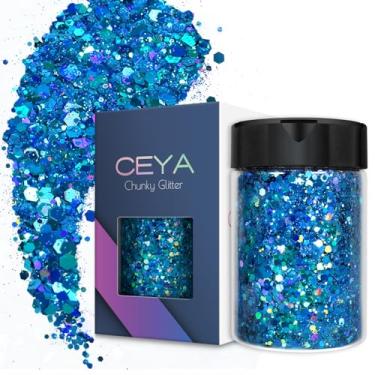 Imagem de Ceya Glitter grosso holográfico, 100 g, pó de glitter azul celeste misturado de flocos grossos e finos, lantejoulas iridescentes para arte de unhas, cabelo, resina epóxi, copos, geleca, pintura, decoração de festivais