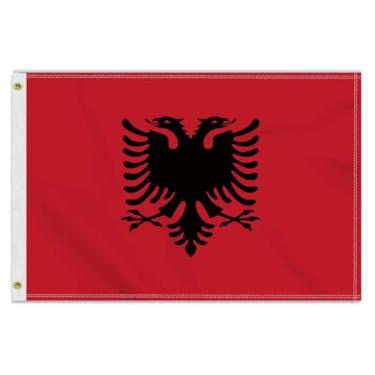 Imagem de Bandeira da Albânia de 6 × 90 cm, faixa externa albanesa média 150 × 90D, impressão dupla face, decoração americana para pátio e jardim com ilhós de latão