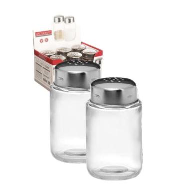 Imagem de Kit 2 Saleiros E Pimenteiro Vidro Tampa Inox Hauskraft 100ml, Prata